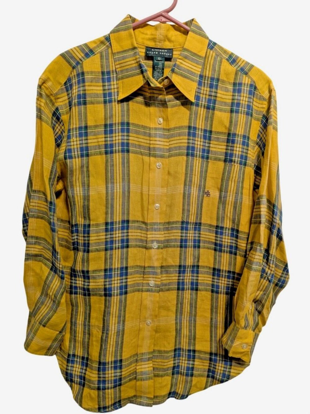 Lauren Ralph Lauren Linen Shirt Womens 10 Yellow Plaid Button Up Long Sleeve